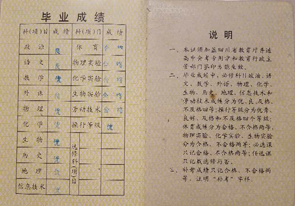 四川省普通高中畢業證成績單